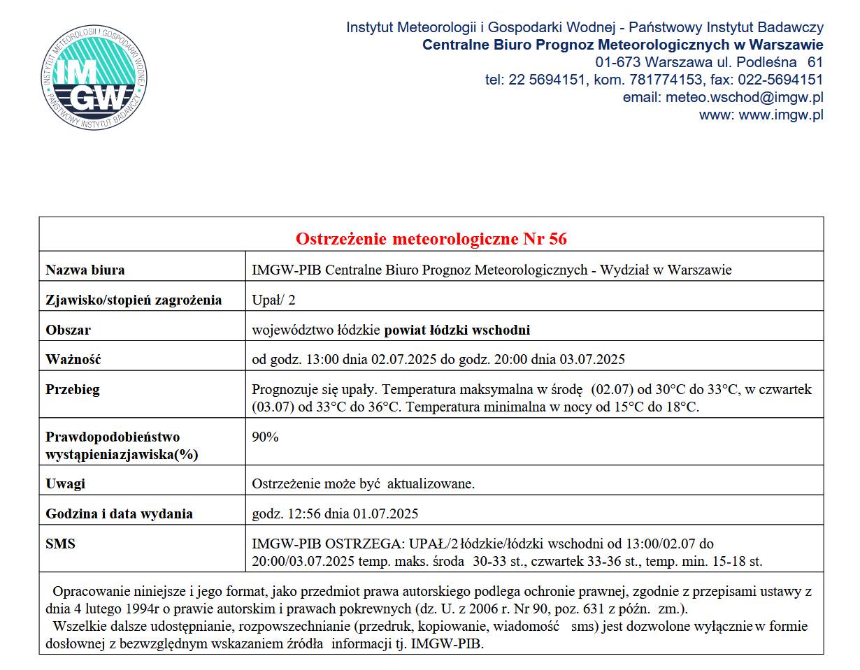 Ostrzeżenie meteorologiczne Nr 56