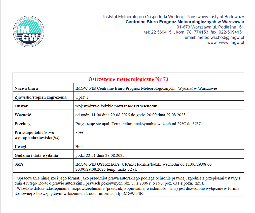 Ostrzeżenie meteorologiczne Nr 73