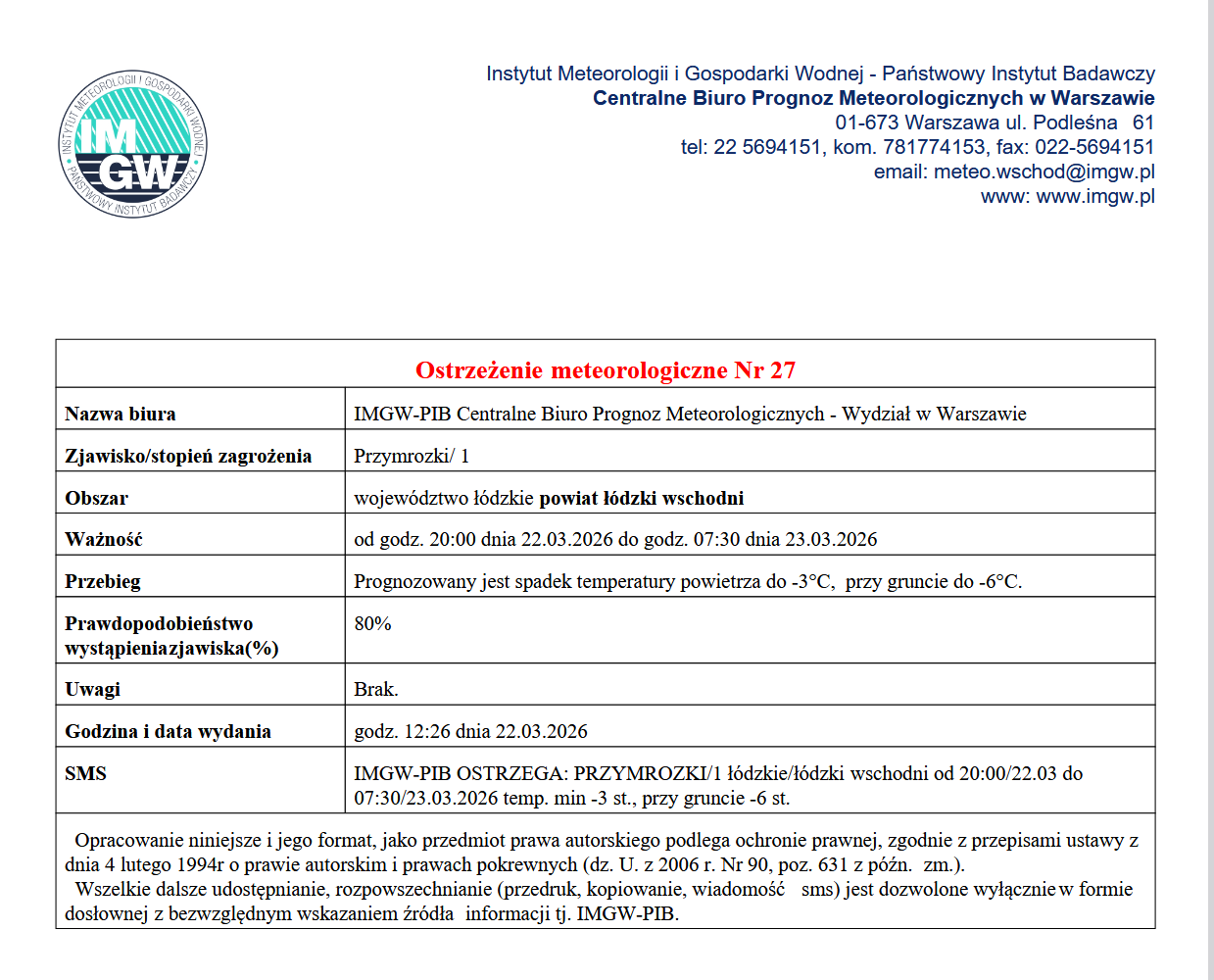 Ostrzeżenie meteorologiczne Nr 27