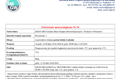 Ostrzeżenie meteorologiczne Nr 34