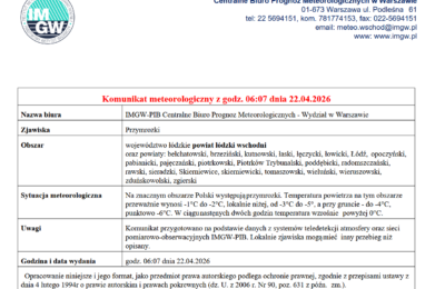 Komunikat meteorologiczny z godz. 06:07 dnia 22.04.2026