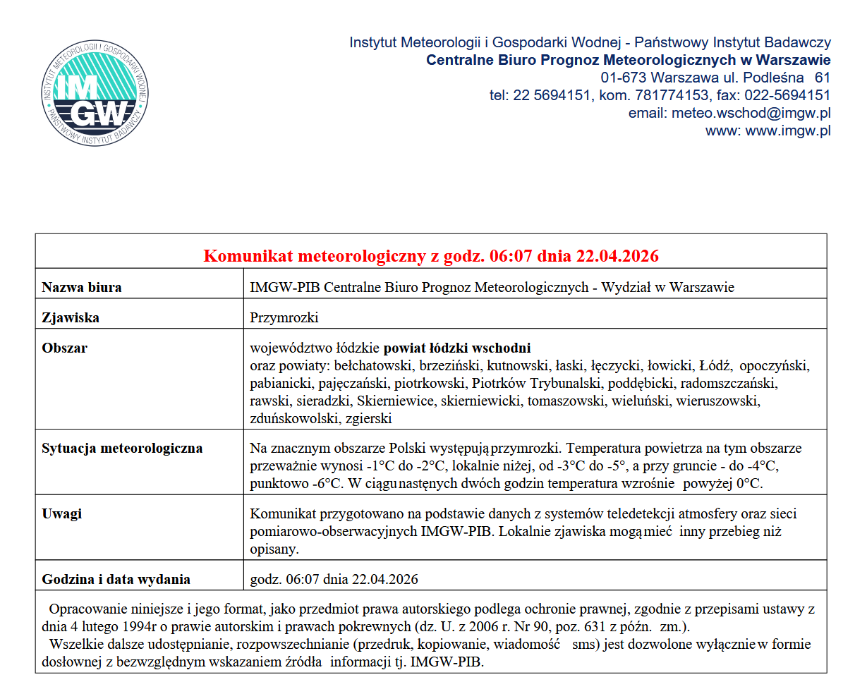 Komunikat meteorologiczny z godz. 06:07 dnia 22.04.2026