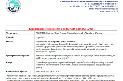 Komunikat meteorologiczny z godz. 06:19 dnia 28.04.2026