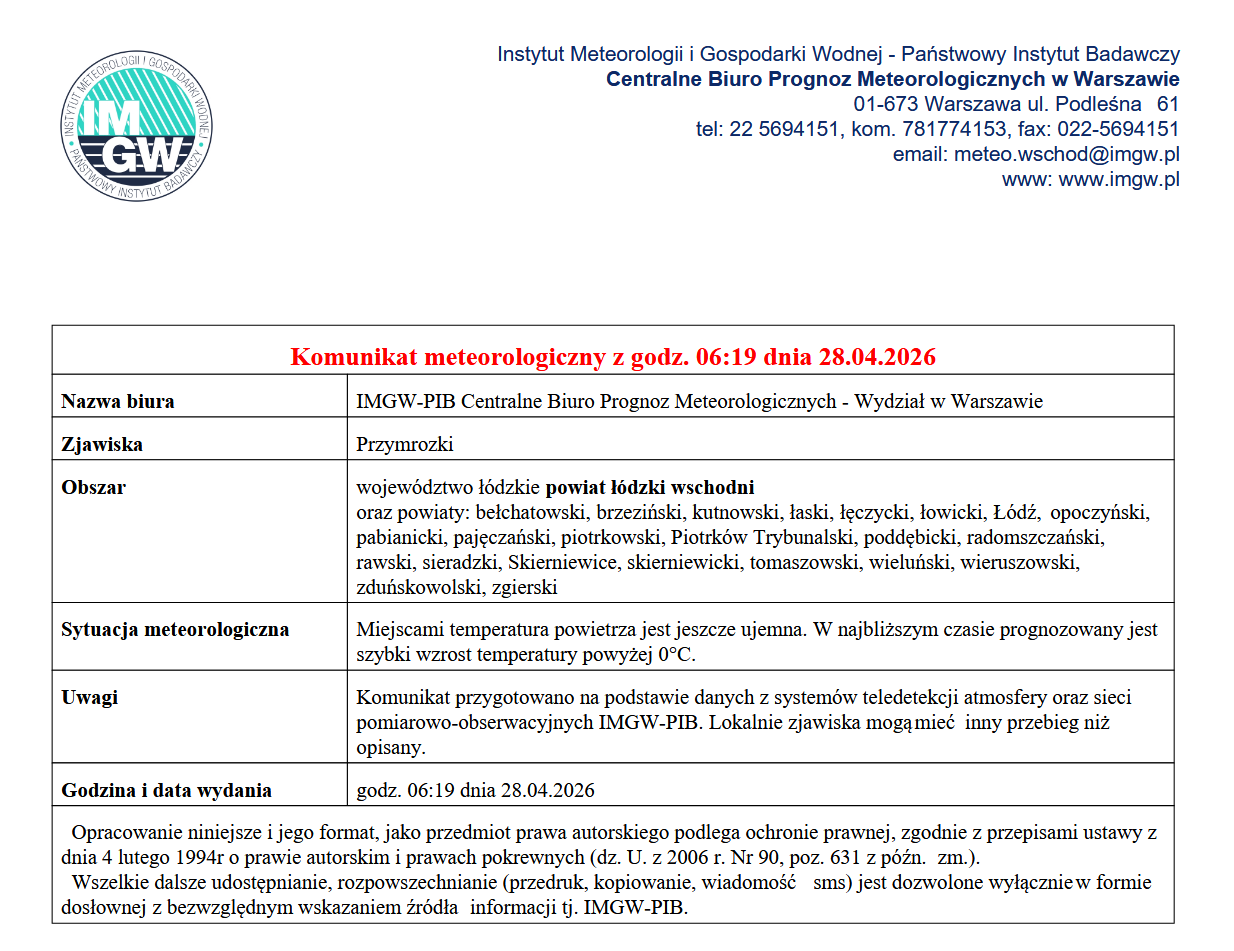Komunikat meteorologiczny z godz. 06:19 dnia 28.04.2026