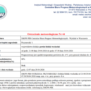 Ostrzeżenie meteorologiczne Nr 44