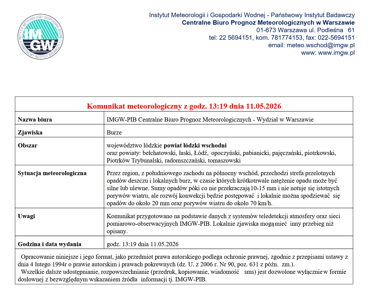 komunikat meteorologiczny z godz. 13:19 dnia 11.05.2026