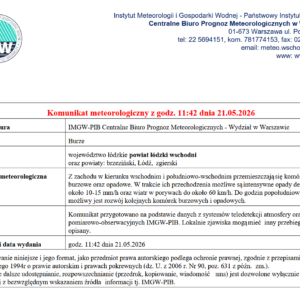 Komunikat meteorologiczny z godz. 11:42 dnia 21.05.2026