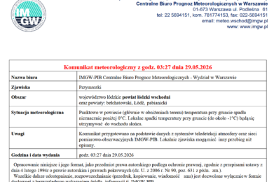 Komunikat meteorologiczny z godz. 03:27 dnia 29.05.2026