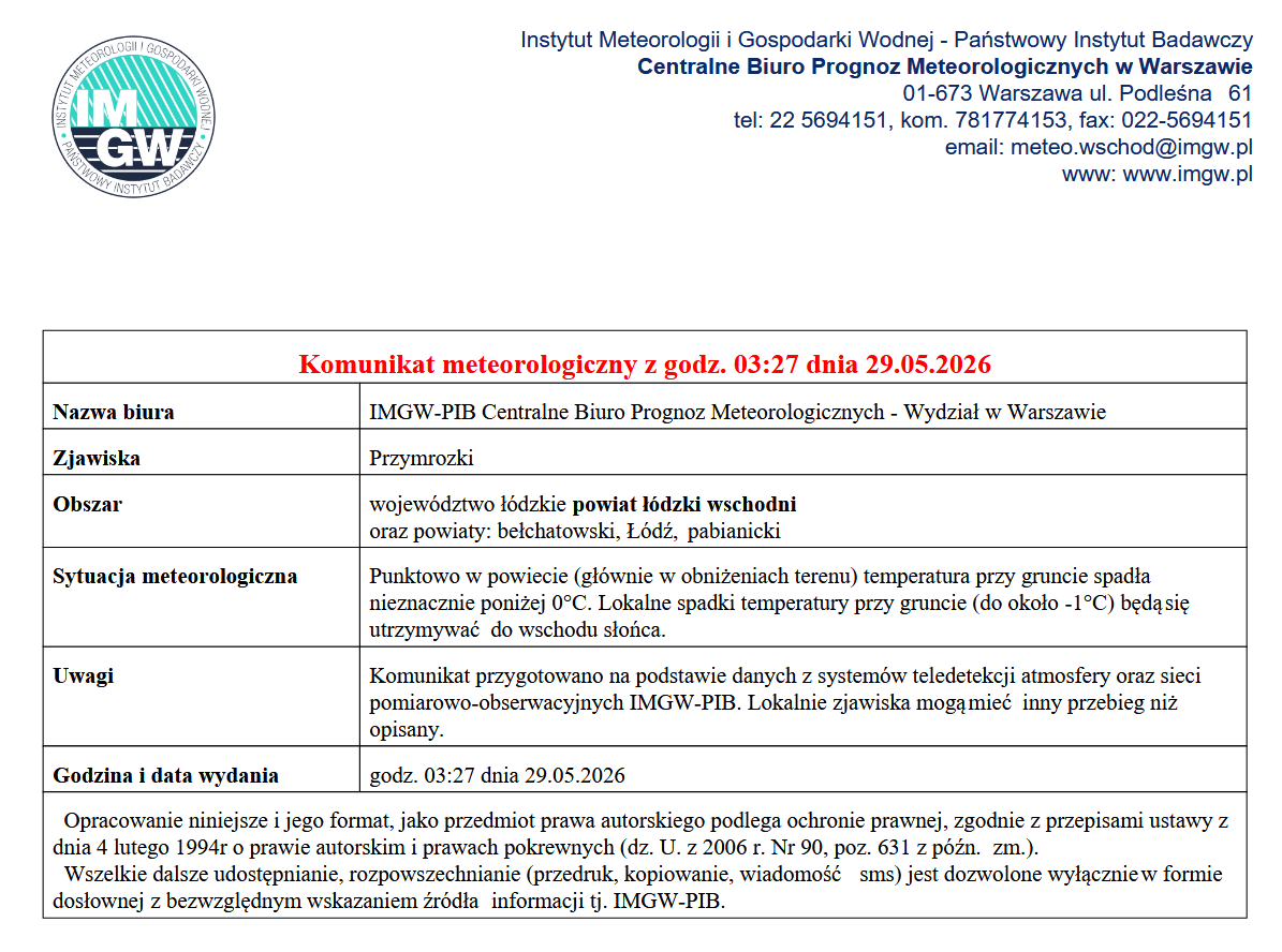 Komunikat meteorologiczny z godz. 03:27 dnia 29.05.2026