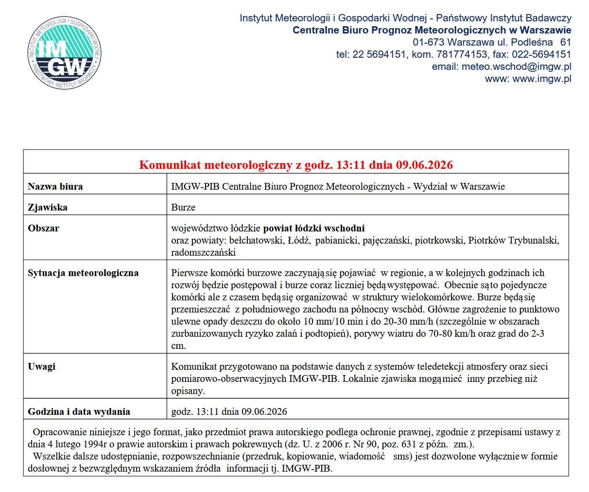Komunikat meteorologiczny z godz. 13:11 dnia 09.06.2026