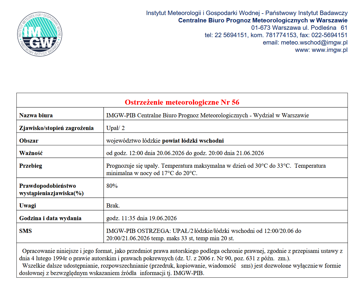 Ostrzeżenie meteorologiczne Nr 56