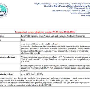 Komunikat meteorologiczny z godz. 09:38 dnia 29.06.2026