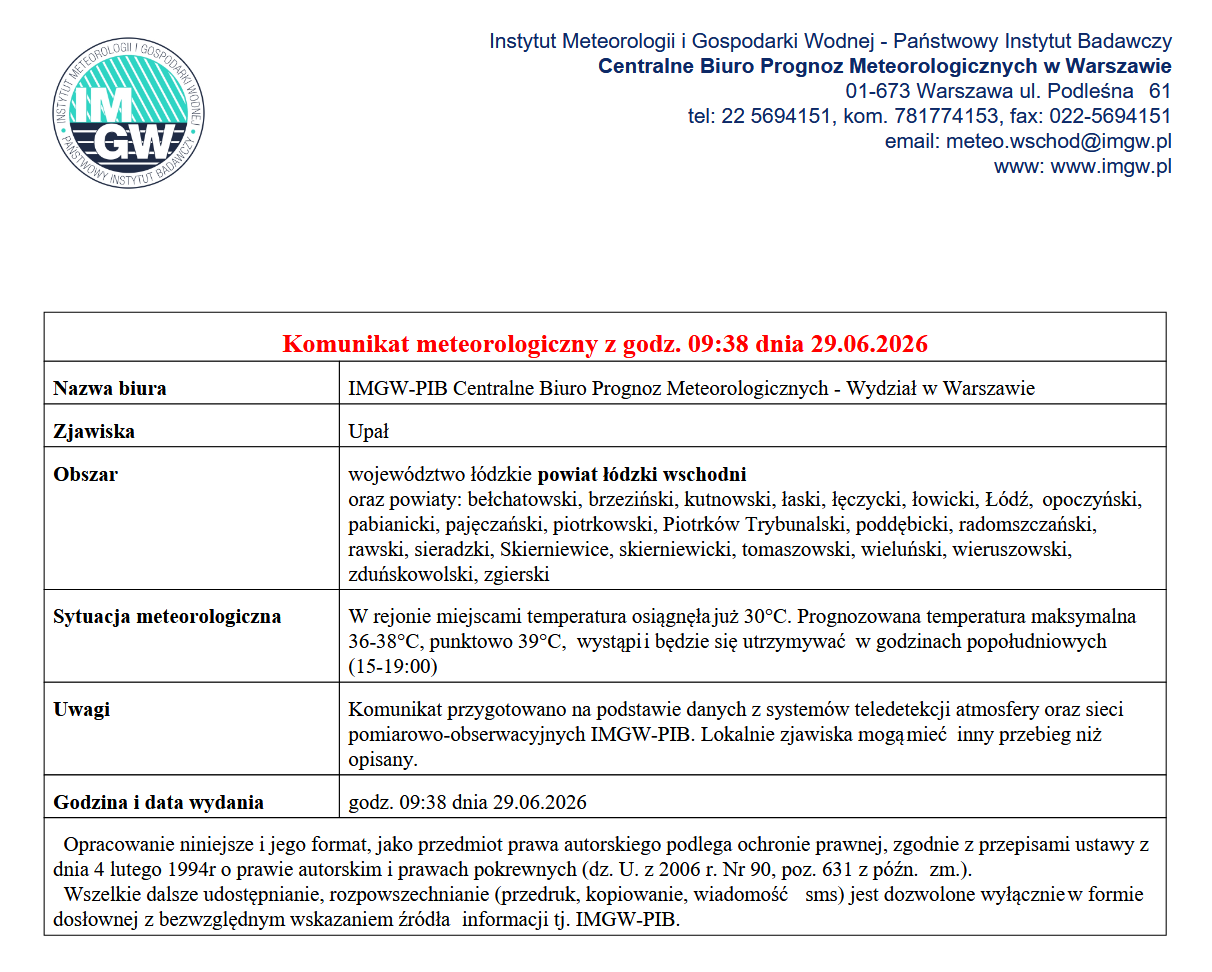 Komunikat meteorologiczny z godz. 09:38 dnia 29.06.2026