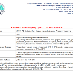 Komunikat meteorologiczny z godz. 11:57 dnia 30.06.2026