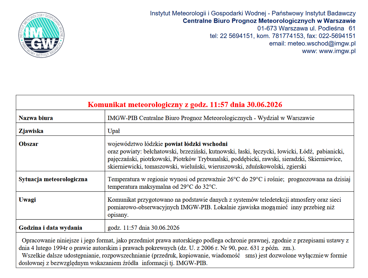 Komunikat meteorologiczny z godz. 11:57 dnia 30.06.2026