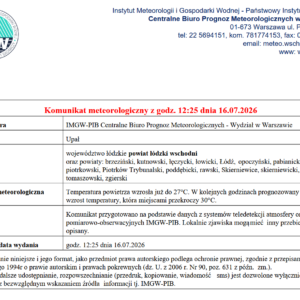 Komunikat meteorologiczny z godz. 12:25 dnia 16.07.2026