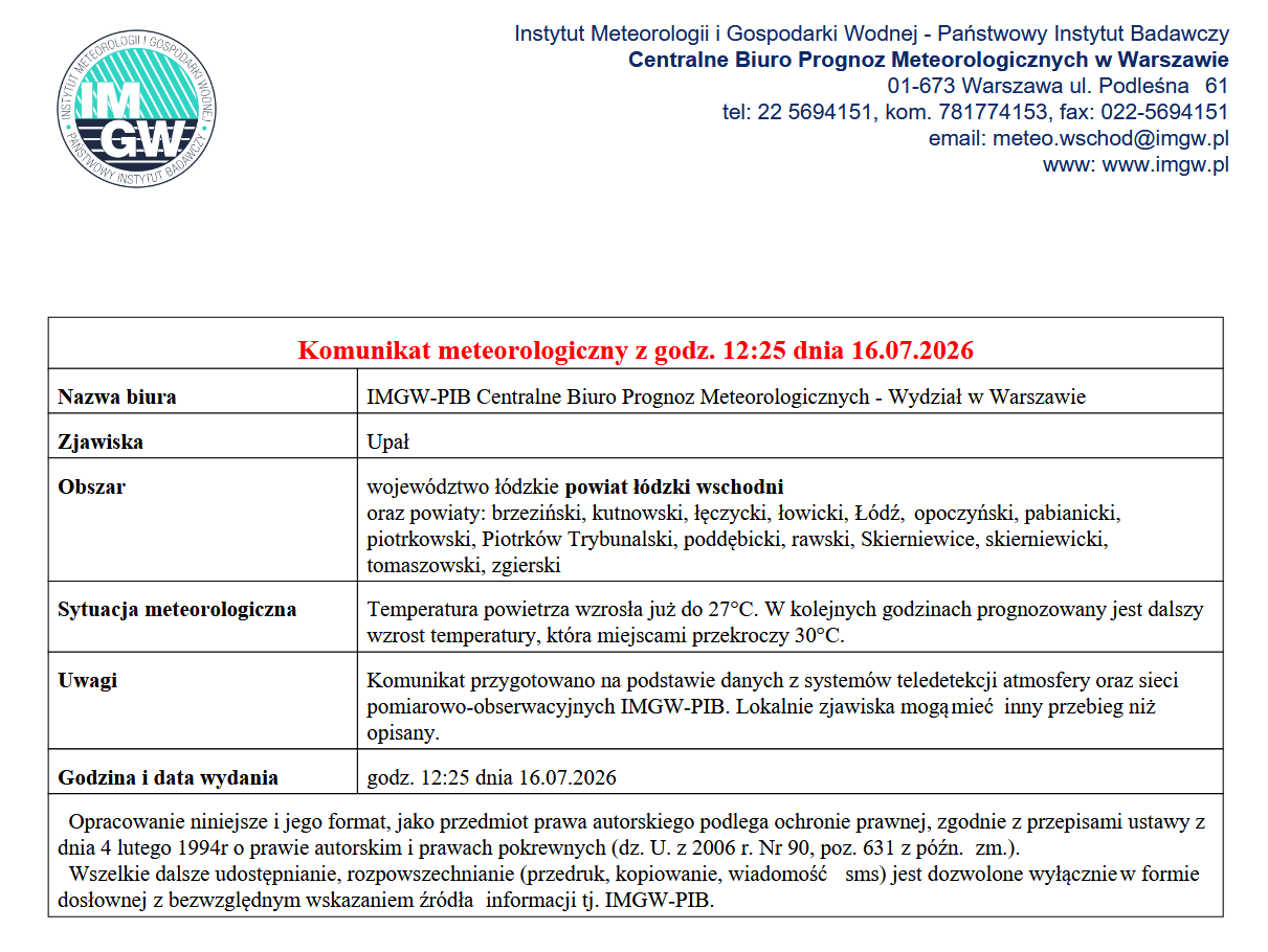 Komunikat meteorologiczny z godz. 12:25 dnia 16.07.2026