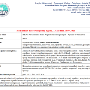 Komunikat meteorologiczny z godz. 13:21 dnia 20.07.2026
