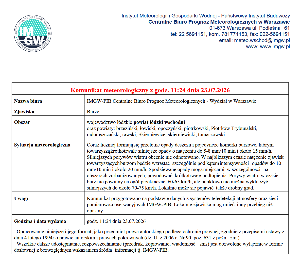 Komunikat meteorologiczny z godz. 11:24 dnia 23.07.2026