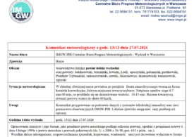 Komunikat meteorologiczny z godz. 13:12 dnia 27.07.2026