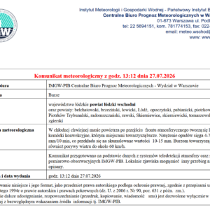 Komunikat meteorologiczny z godz. 13:12 dnia 27.07.2026