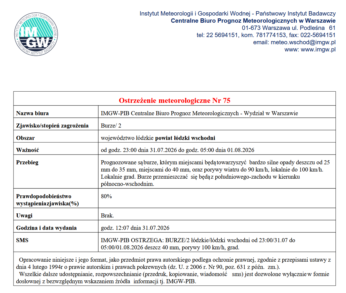 Ostrzeżenie meteorologiczne Nr 75