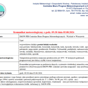 Komunikat meteorologiczny z godz. 09:30 dnia 05.08.2026