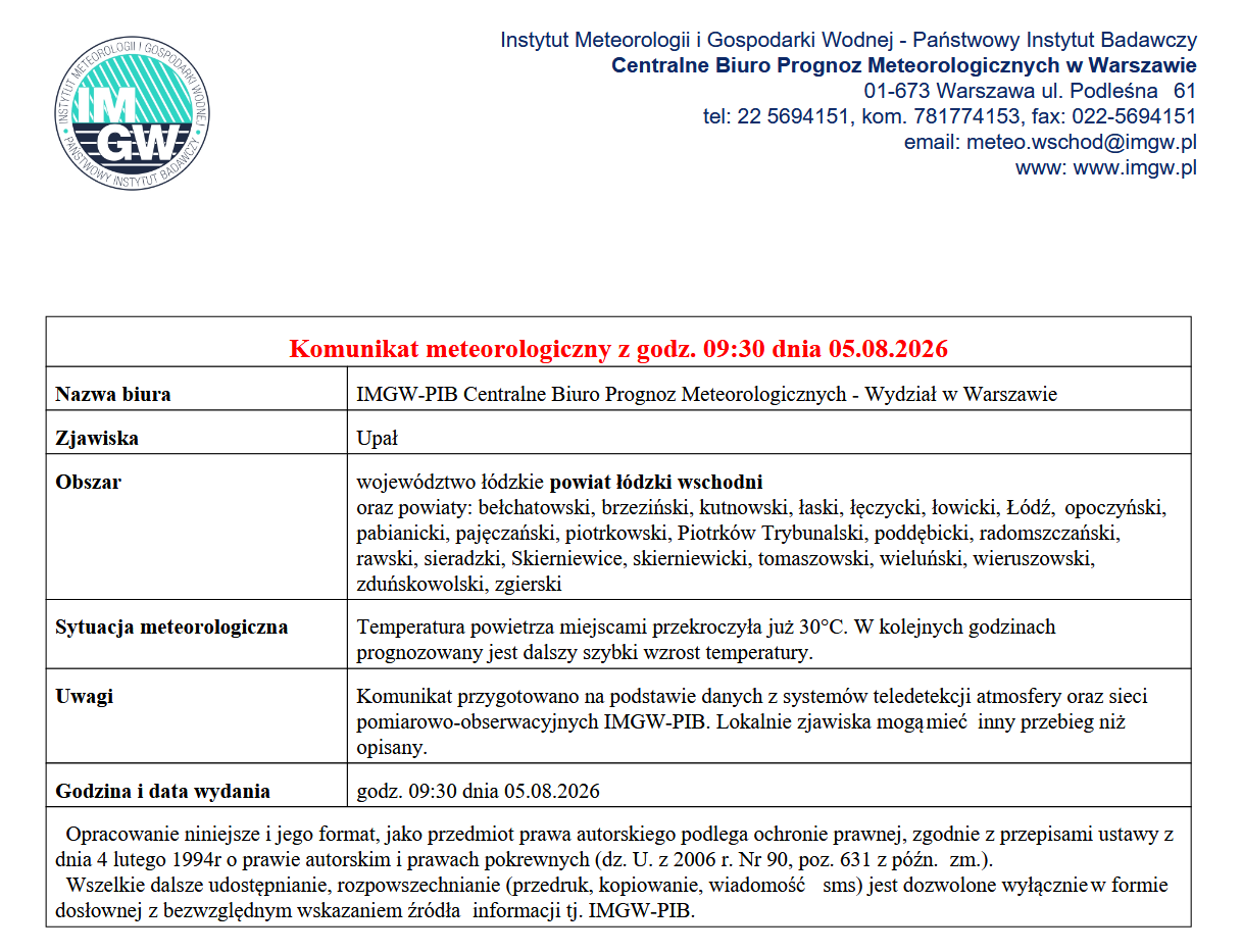 Komunikat meteorologiczny z godz. 09:30 dnia 05.08.2026
