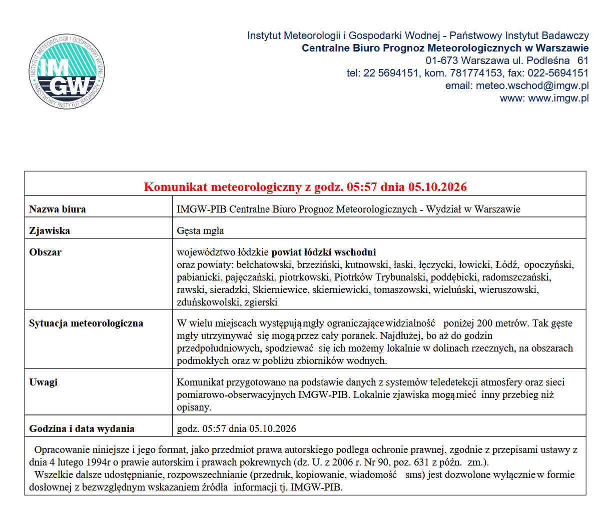 Komunikat meteorologiczny z godz. 05:57 dnia 05.10.2026