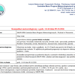 Komunikat meteorologiczny z godz. 14:44 dnia 09.10.2026