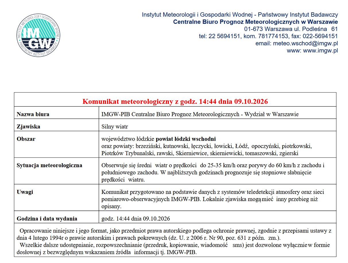 Komunikat meteorologiczny z godz. 14:44 dnia 09.10.2026