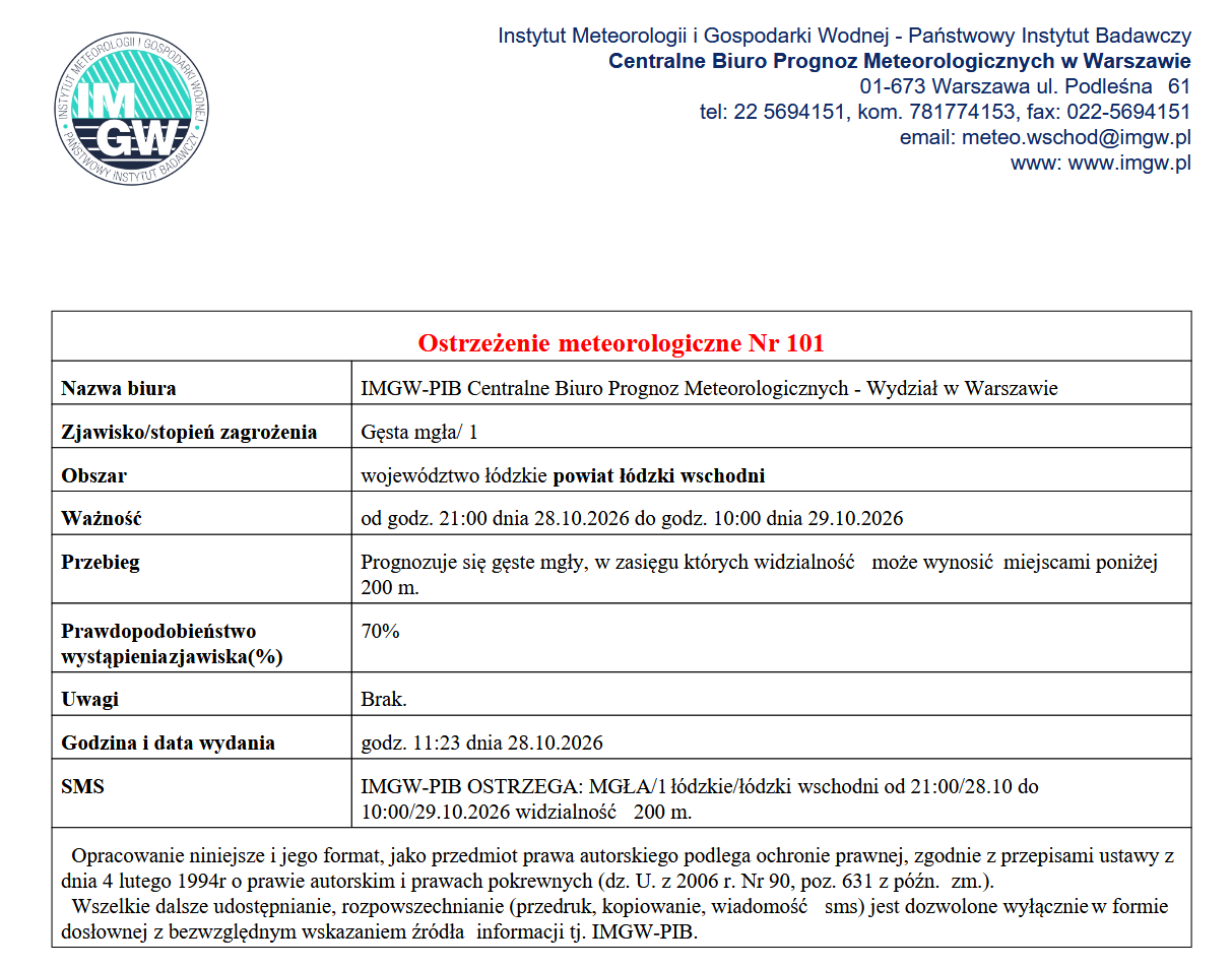 Ostrzeżenie meteorologiczne Nr 101